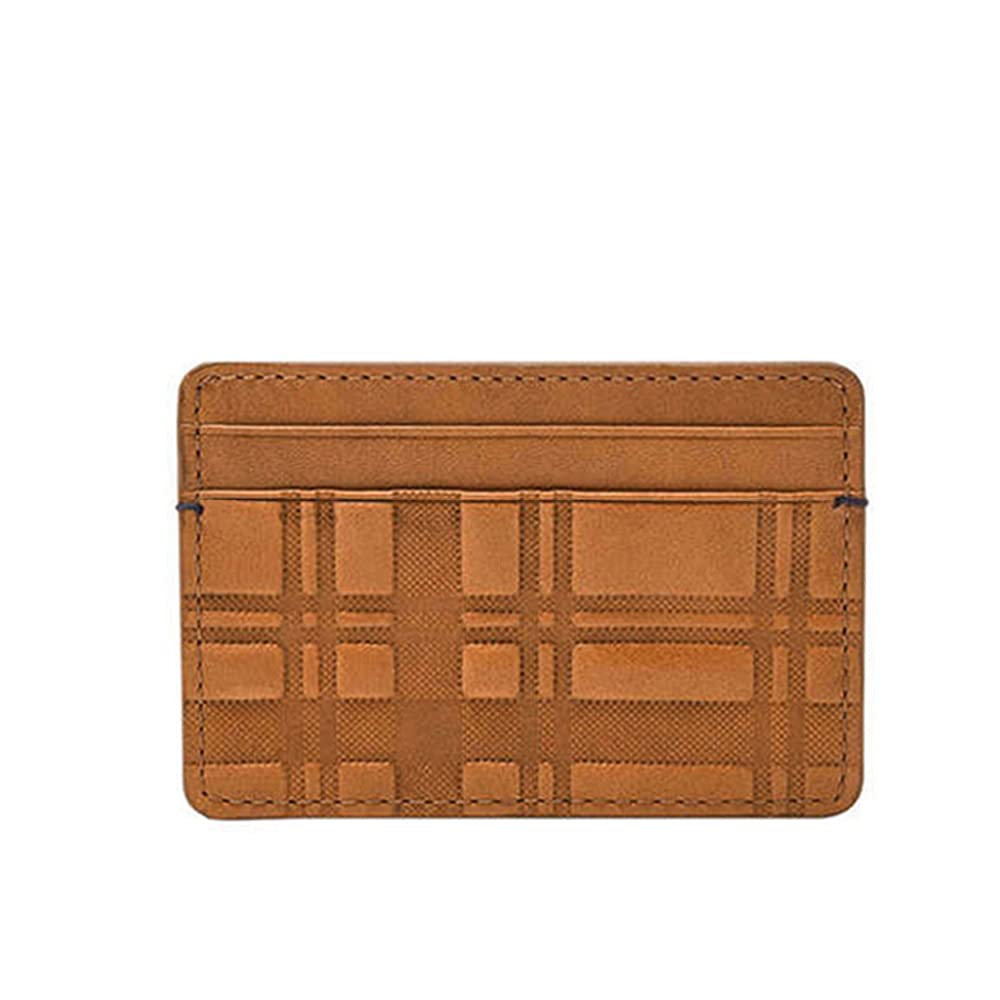 Fossil Men's Bronson Leather Slim Minimalist Card Case Front Pocket Wallet, Camel Plaid Emboss, (Model: ML4566235)