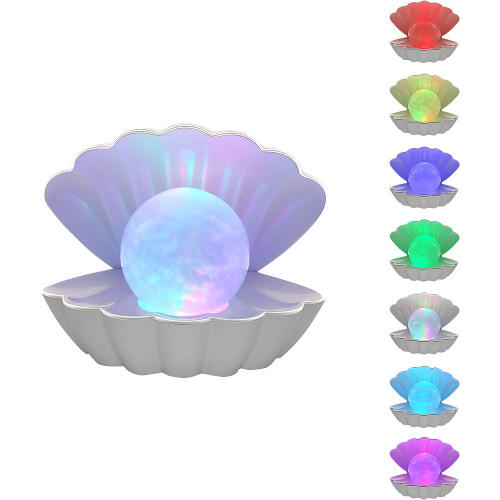 LKUA Shell Pearl Beach Themed Night Light, RGB 8 Colors Changing Mood Shell Pearl Lamps, Bedside LED Clamshell Portable Night Lights for Bar (White)