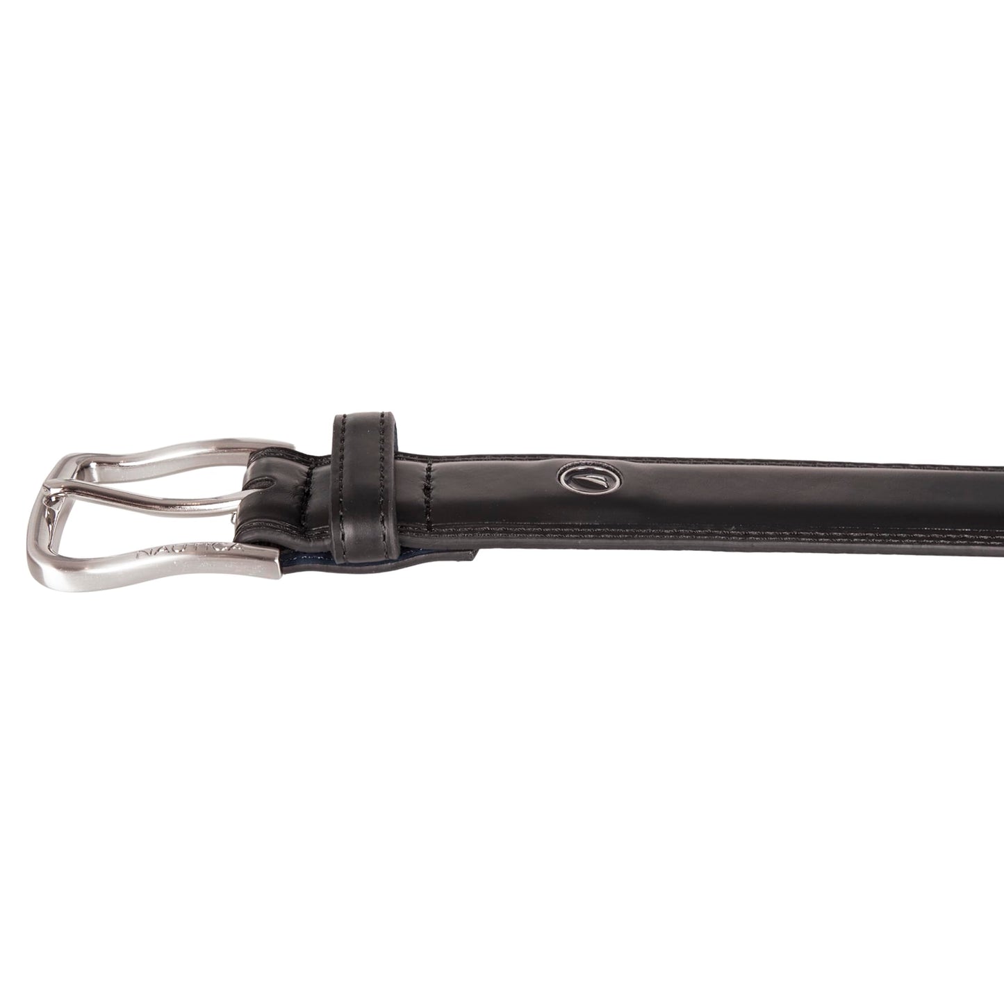Nautica Men Bold Fashion and Dress Leather Belt with Metal Buckle, Logo Inlay Double Stitch-Black, 36"