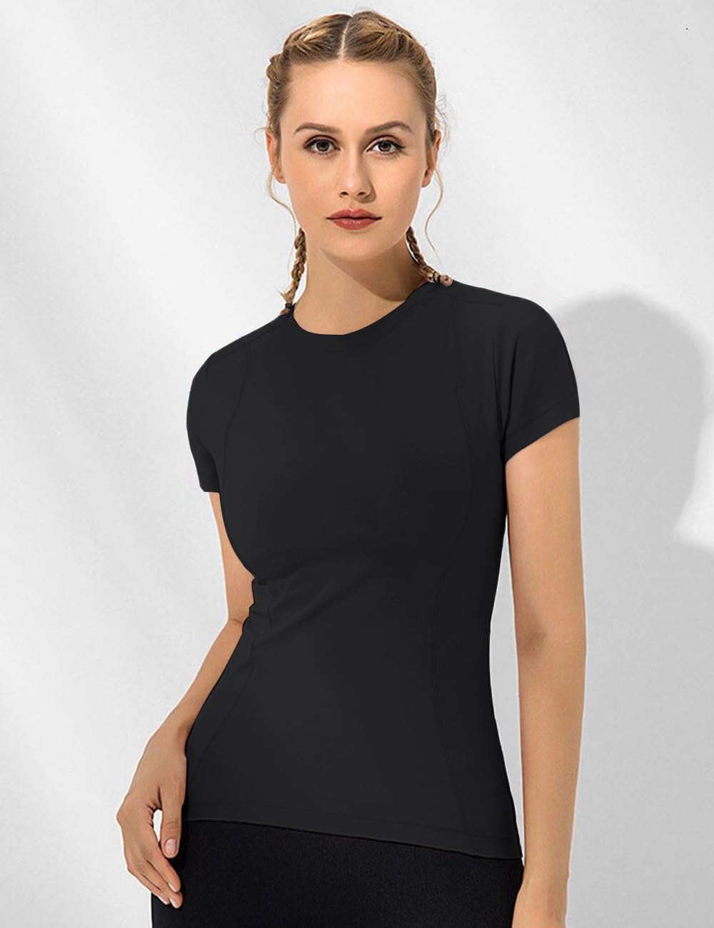 Loovoo Compression Shirt Women Stretch Breathable Athletic Base Layer Top Short Sleeve Running T-Shirt with Thumbholes