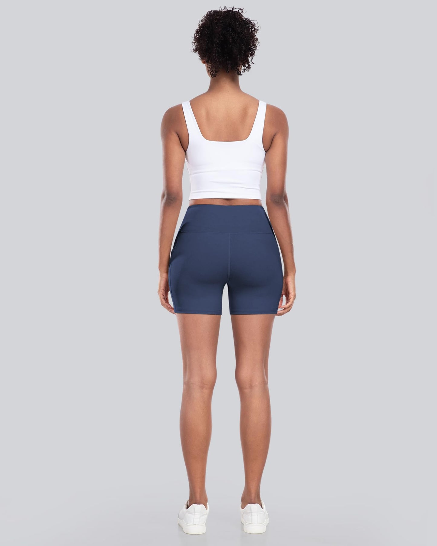 CHRLEISURE Womens Biker Yoga Shorts with Pockets: High Waisted Tummy Control Spandex Workout Athletic Gym Shorts 4 Packs(5'' Black,Gray,Navy,Wine, M)