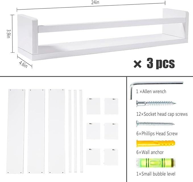AZSKY Nursery Bookshelves White, 24 Inch Floating Bookshelves