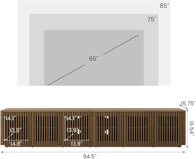 POVISON Full Assembled Mid Century Modern TV Stand, Wood Slatted Media Console