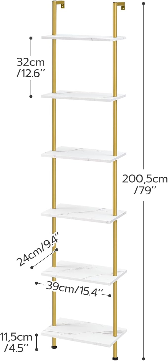 HOOBRO DIY Ladder Shelf, 6-Tier Wooden Wall Mounted Bookshelf, Narrow Gold