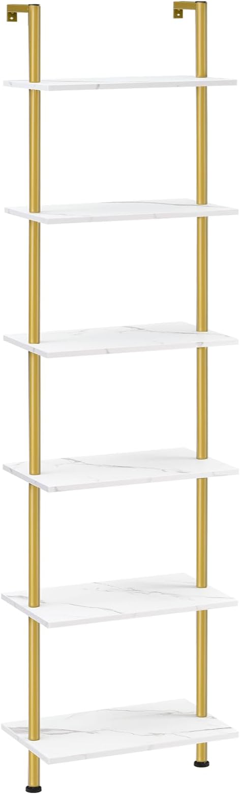 HOOBRO DIY Ladder Shelf, 6-Tier Wooden Wall Mounted Bookshelf, Narrow Gold