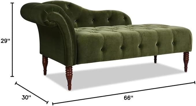 Pemberly Row Tufted Roll Arm Chaise Lounge, Olive Green Velvet Upholstery