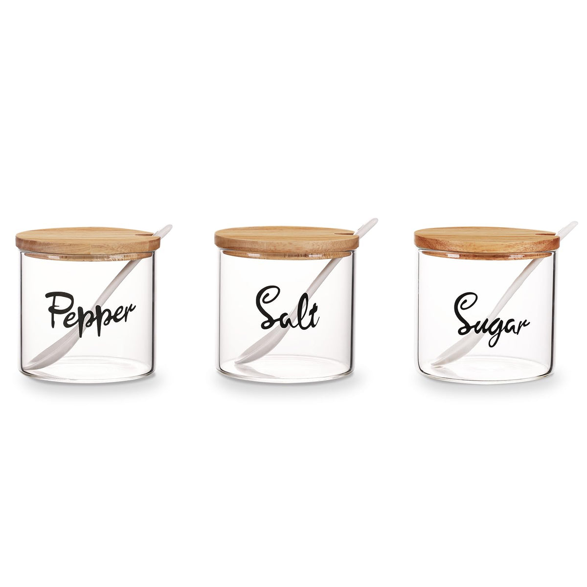 HAOTOP Clear Glass Sugar Pepper and Salt Bowls with Serving Spoon and Lid, Farmhouse Kitchen Countertop Canisters, Container Jar Dispenser Holder for Home Kitchen,12 oz