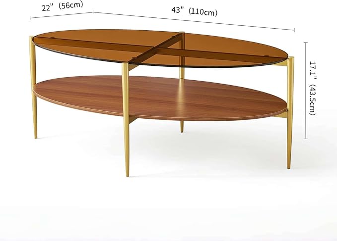 LumFurn Oval Glass Coffee Table, Mid-Century Modern Design, L43 x W22 x H17 inch