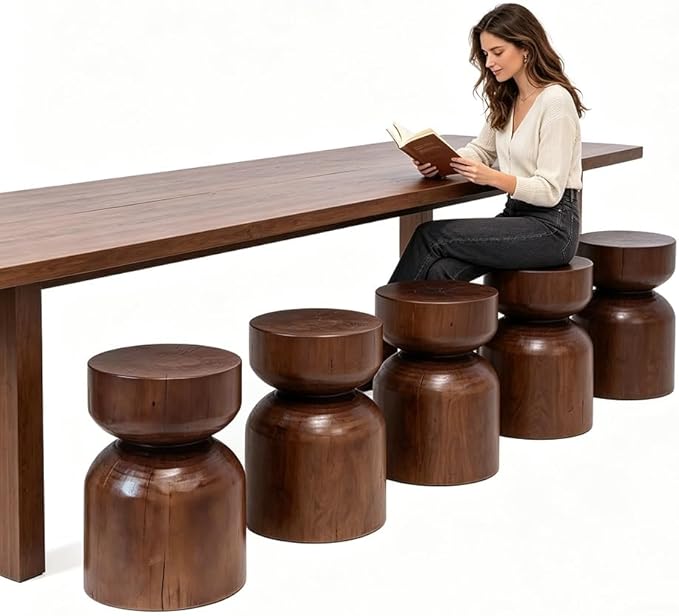 Solid Wood Stool & Sofa Side Table, Rustic Hourglass Wabi-Sabi Accent Coffee