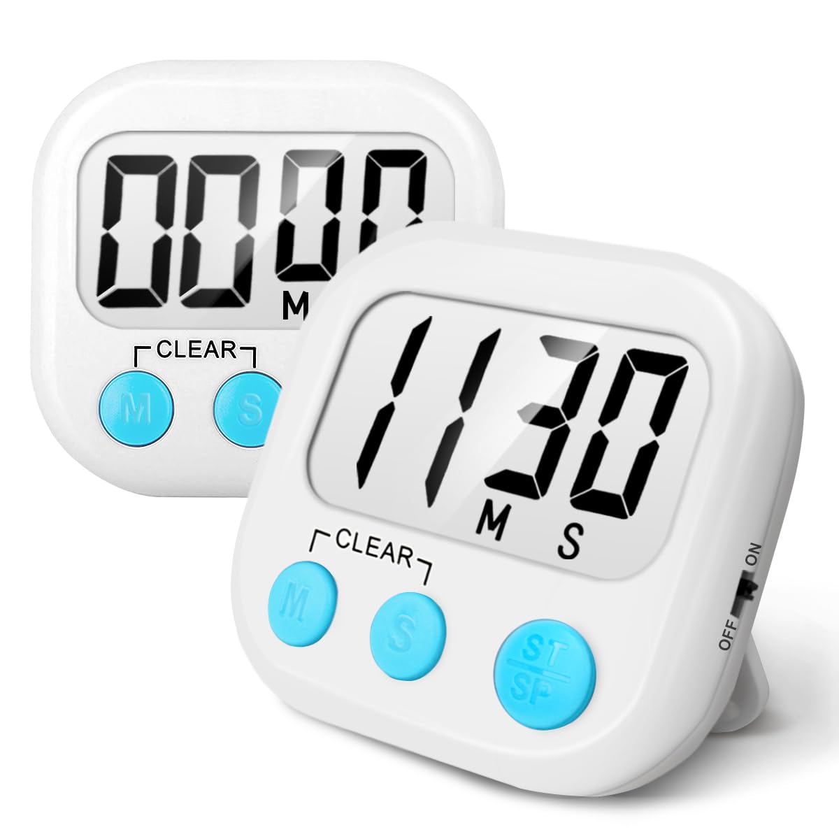 2 Pack Digital Kitchen Timer for Cooking Big Digits Loud Alarm Magnetic Backing Stand Cooking Timers for Baking White