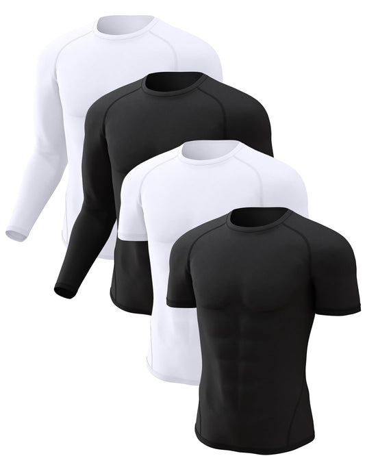 CL convallaria 4 Pack Compression Shirt Men Long Short Sleeve Cooling Dry Rash Guard Athletic T Shirt for Sports