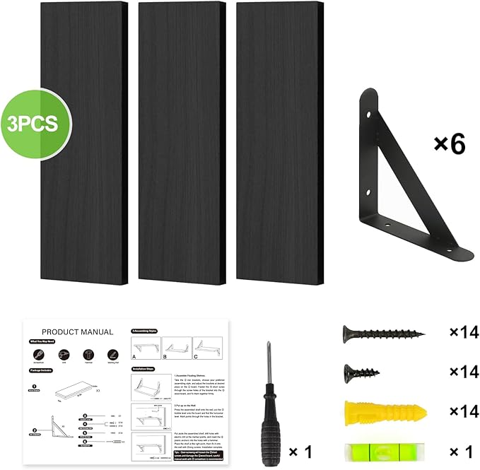 Fixwal Black Shelves for Wall, Wood Wall Mounted Floating Shelves for Bedroom