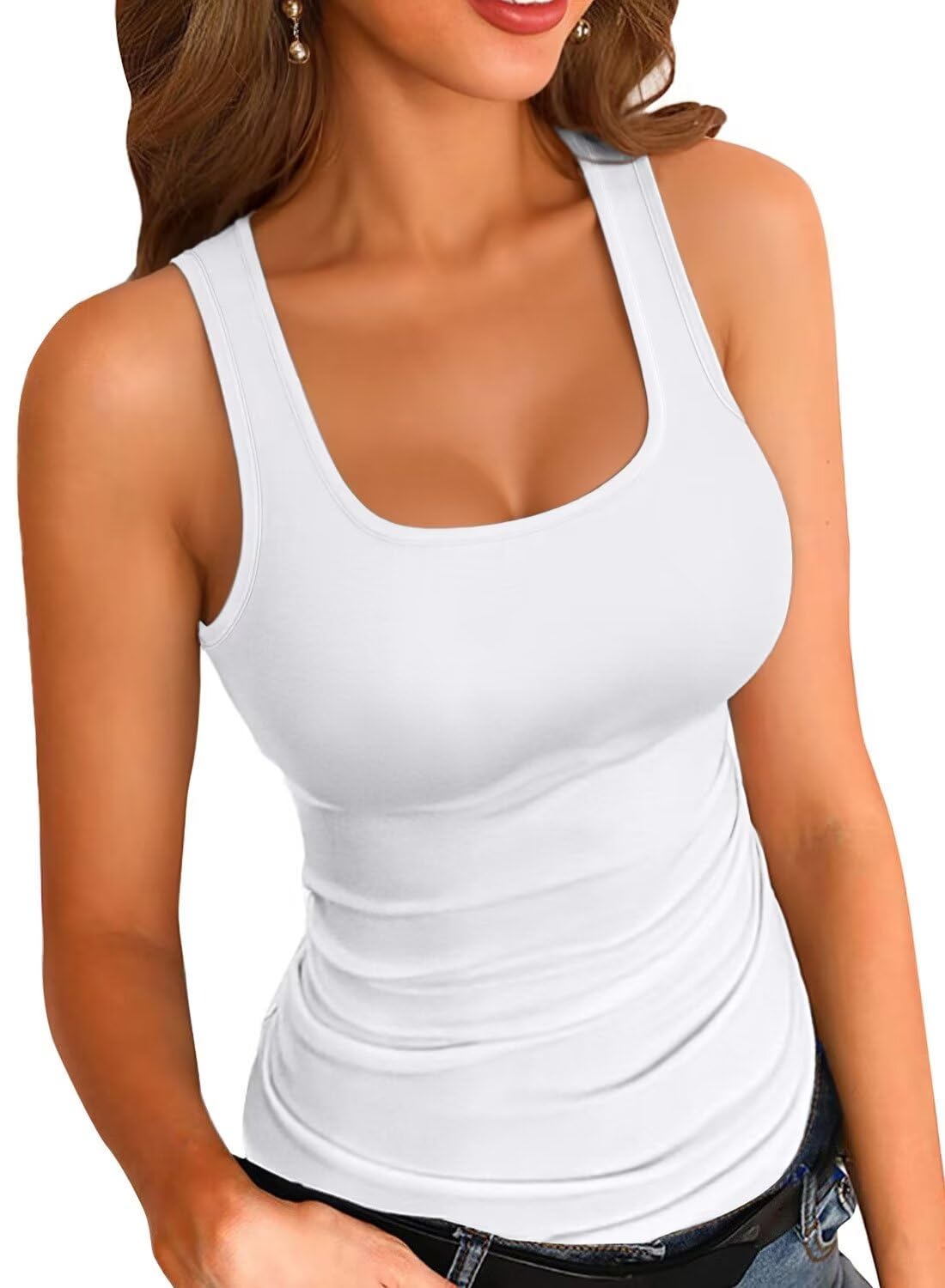 VICHYIE Womens Summer Tank Tops Square Neck Sleeveless Low Cut Sexy Shirts Ribbed Tanks Slim Fitted Casual Basic Tee Shirt White L