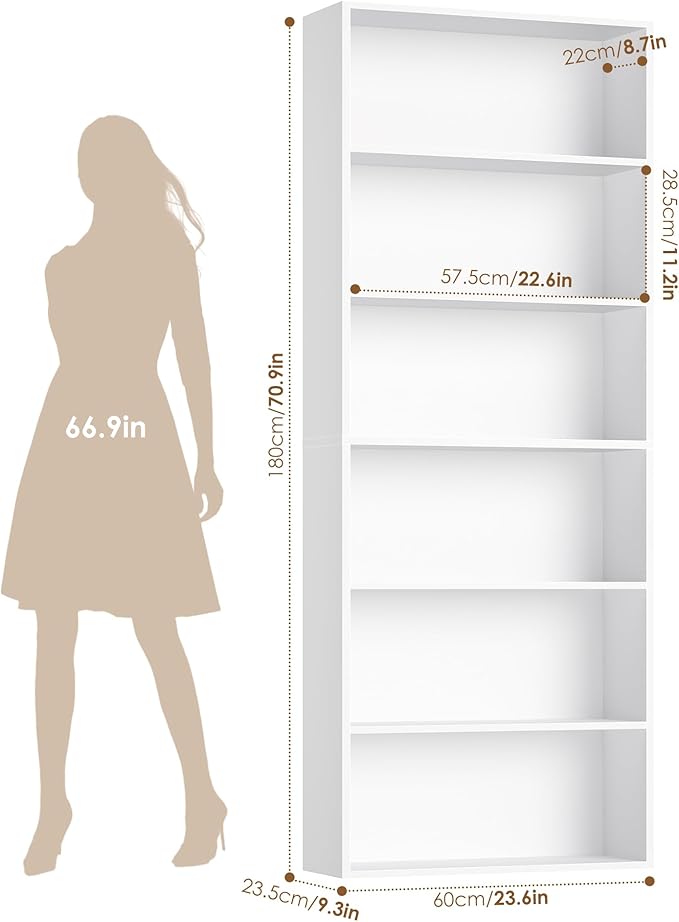 FOTOSOK 6-Tier Open Bookcase and Bookshelf, Freestanding Display Storage