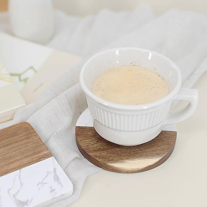 I-LAN 4-Pack Marble and Acacia Wood Coasters, 4-Inch Round Natural Wood Drink
