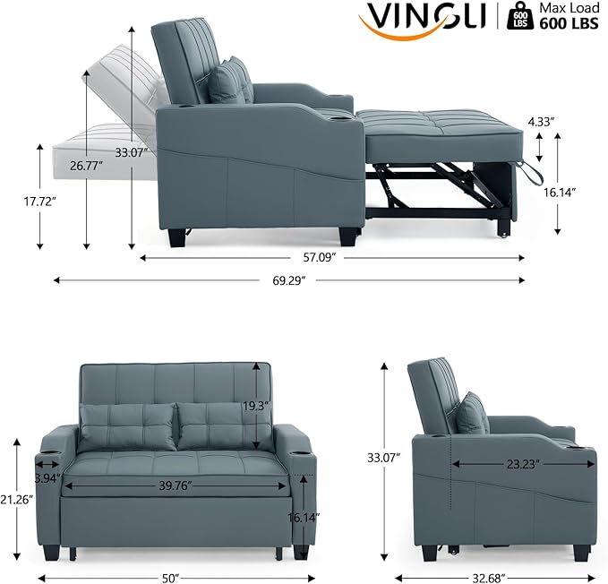 VINGLI Convertible Loveseat Sleeper Sofa, Cup Holders, Armrest