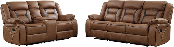 EBELLO Manual Recliner Sofa Set, Faux Leather Reclining Living Room Furniture