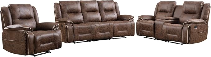 EBELLO Faux Leather Manual Recliner Sofa Set, 1 Seat Reclining Chair, a Loveseat