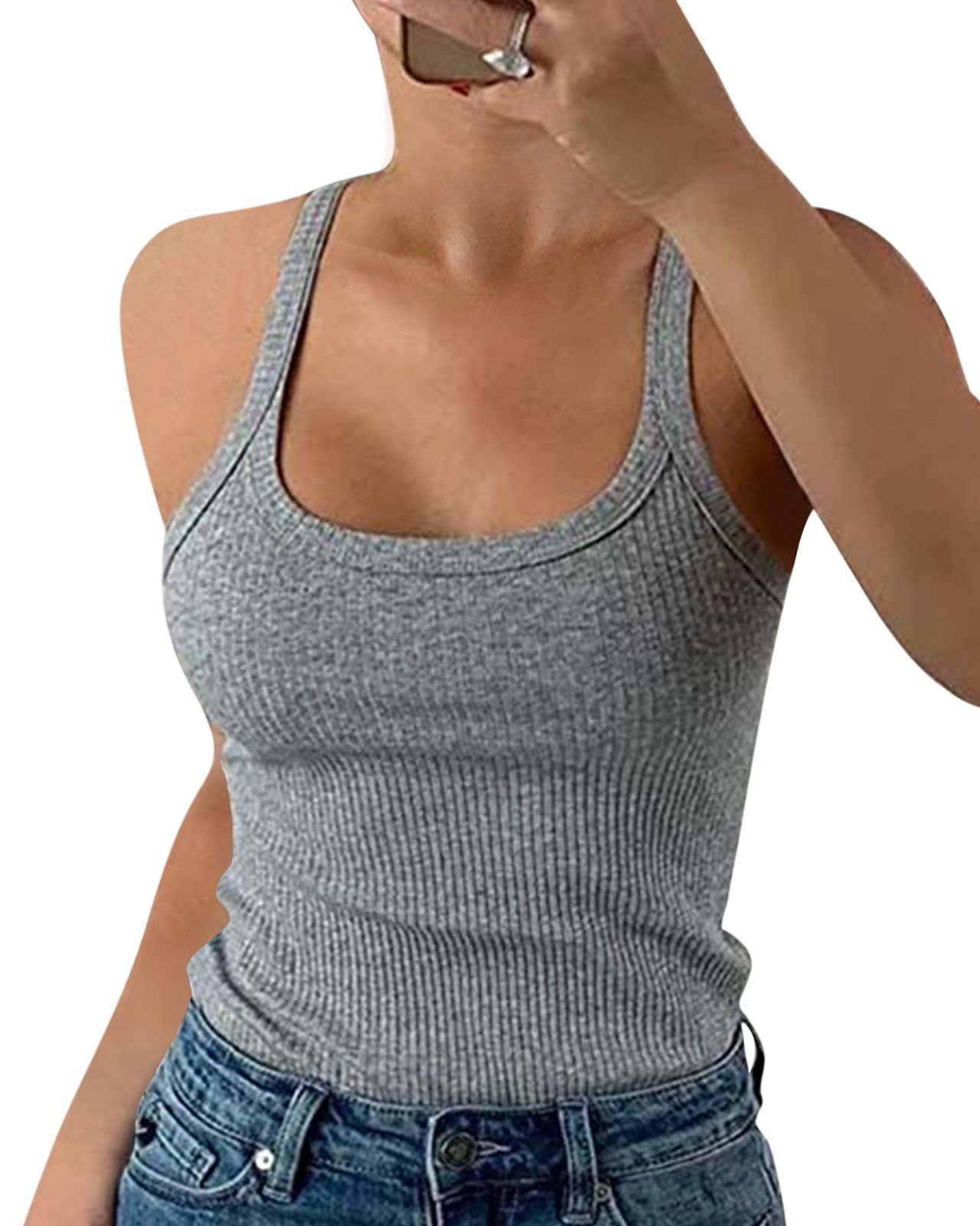 Pepochic Women's Scoop Neck Ribbed Tank Tops Workout Sleeveless Summer Casual Fitted Cami Shirt A-Grey