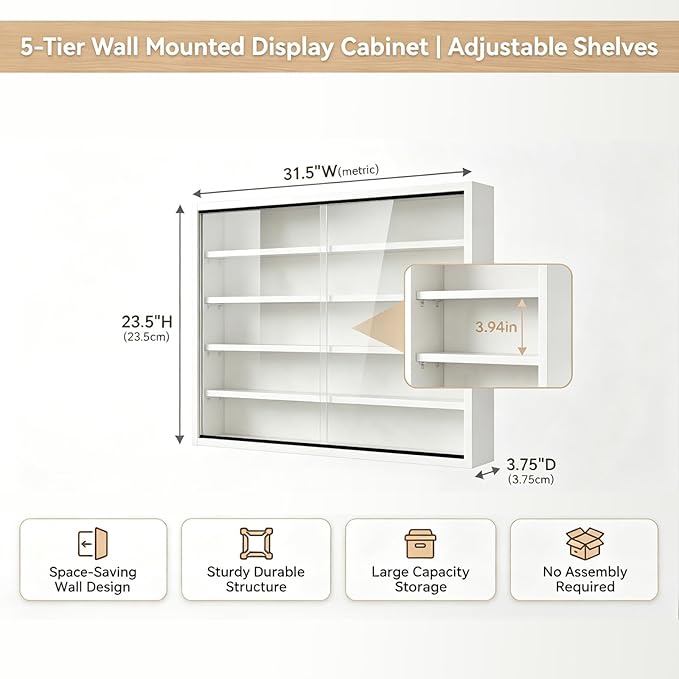 5-Tier Wall Mounted Display Cabinet, No Assembly Required Ready to Use Out of