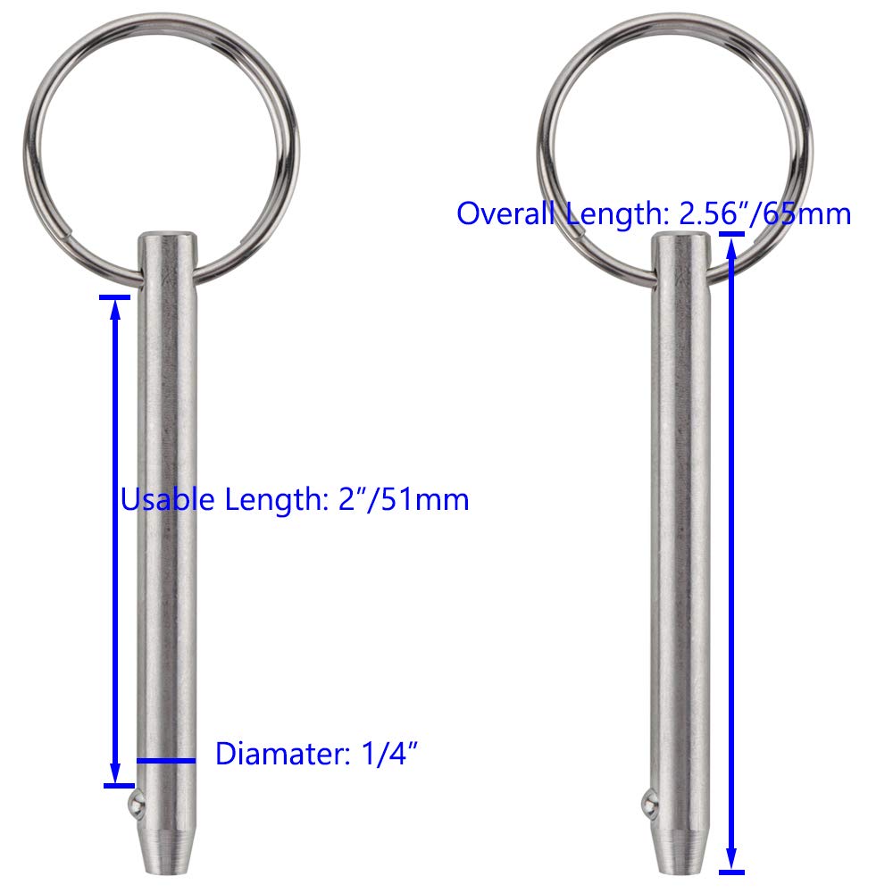 4 Pcs Quick Release Pin, Diameter 1/4"(6.3mm), Overall Length 2.56"(65mm), Usable Length 2"(51mm), Full 316 Stainless Steel, Bimini Top Pin, Marine Hardware