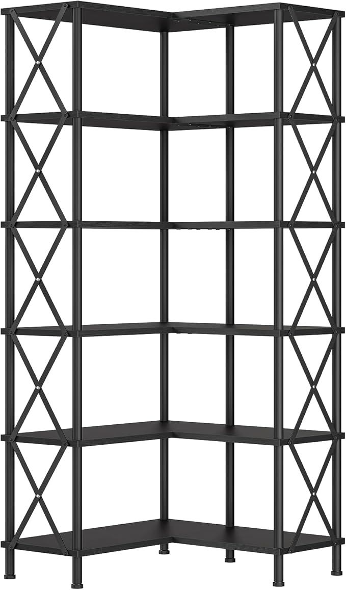 HOOBRO Corner Bookshelf, 6-Tier L-Shaped Bookcase, Industrial Open Display