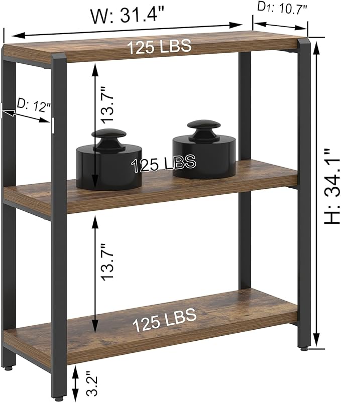 EXCEFUR Small Bookshelf, 3 Tier Short Low Book Shelf, Modern Metal and Wood
