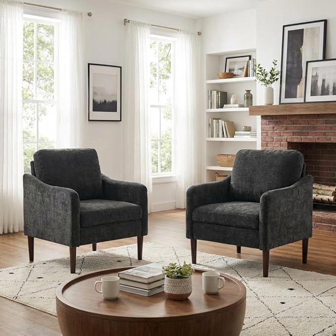 2PCS Mid Century Modern Accent Chair, Chenille Fabric Armchair