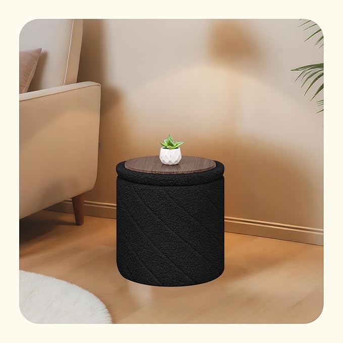 PINPLUS Ottoman with Stroage Round Boucle Ottoman and Tray Sherpa Removable
