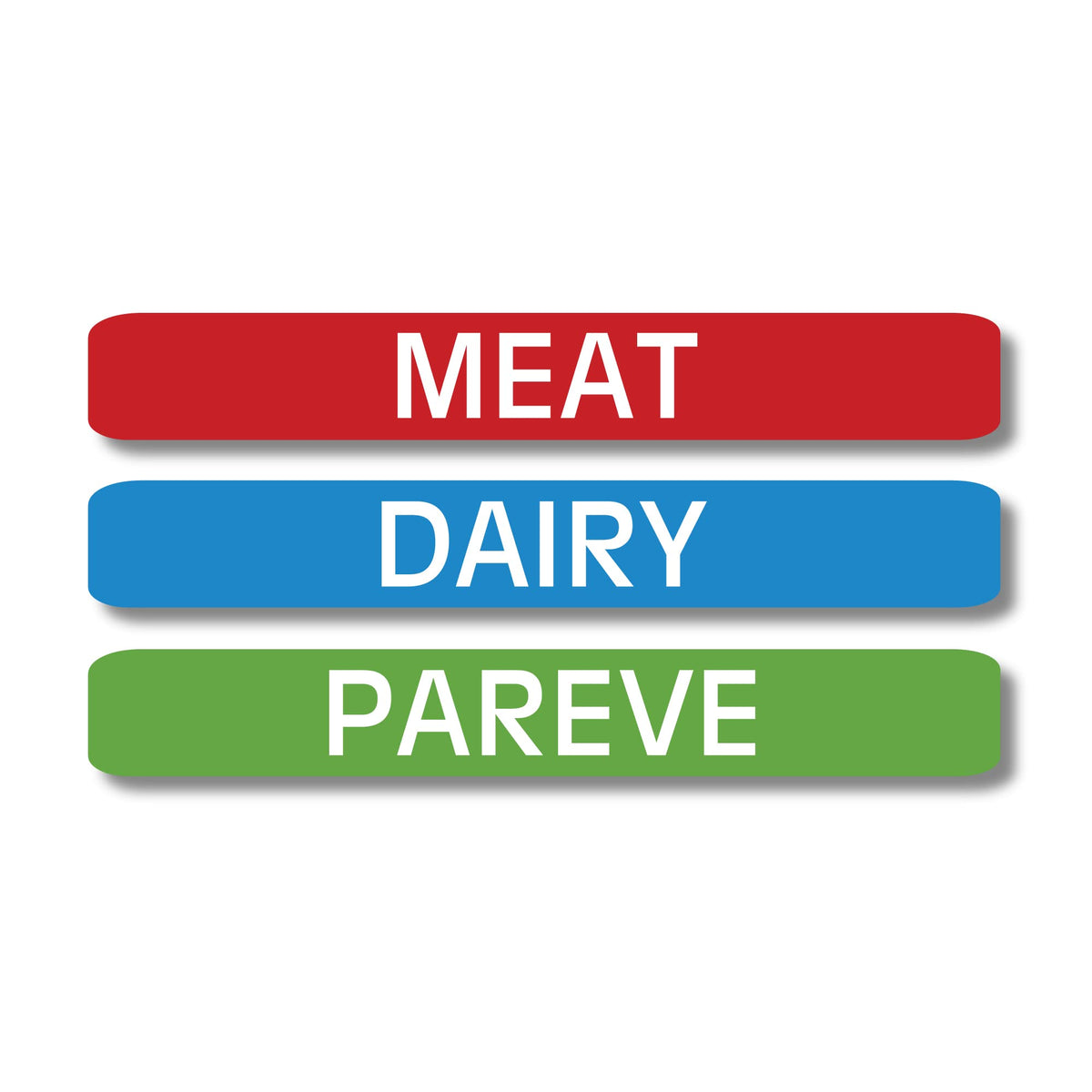 Lovable Labels Kosher Labels, 120 Pre-Printed Meat, Dairy and Pareve Kosher Stickers, Microwave, Freezer and Dishwasher Safe, Color Coded Kitchen Stickers for Kosher Kitchen. (Blue/Red/Green)