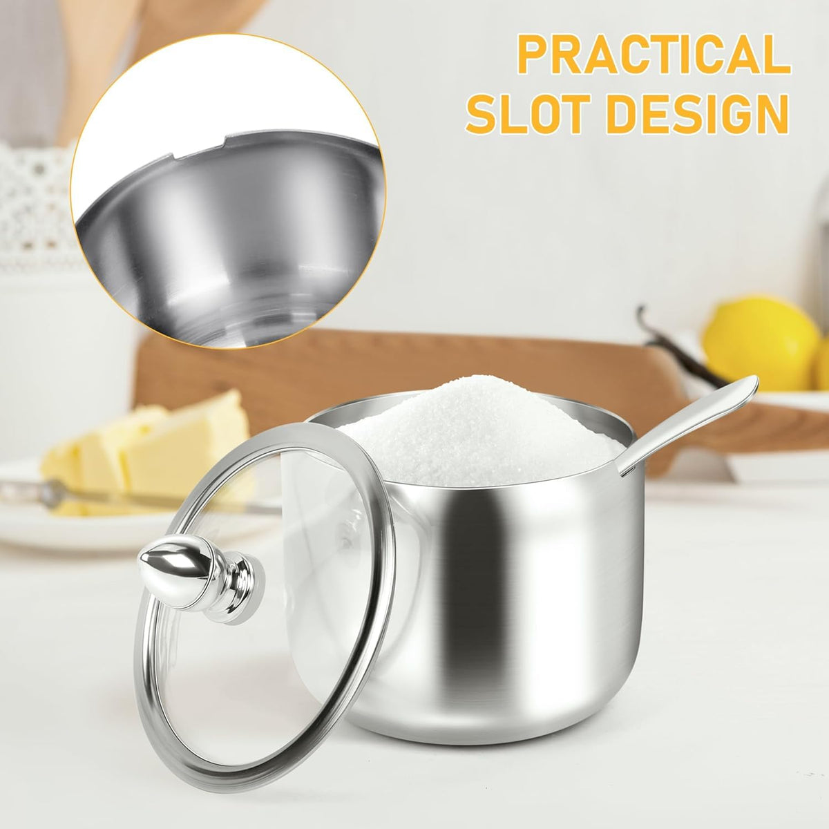 holoith 2 Pack Coffee and Sugar Dispenser with Tray - 10 oz Sugar Bowl with Glass Lid and Spoon for Coffee Bar Accessories Kitchen Storage for Salt,Coffees Bean,Brown Sugar Cubes (Silver)