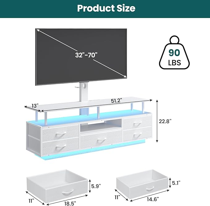 BTHFST TV Stand with Mount for 45/55/65/70 inch TVs, 51.2" LED TV Stand with