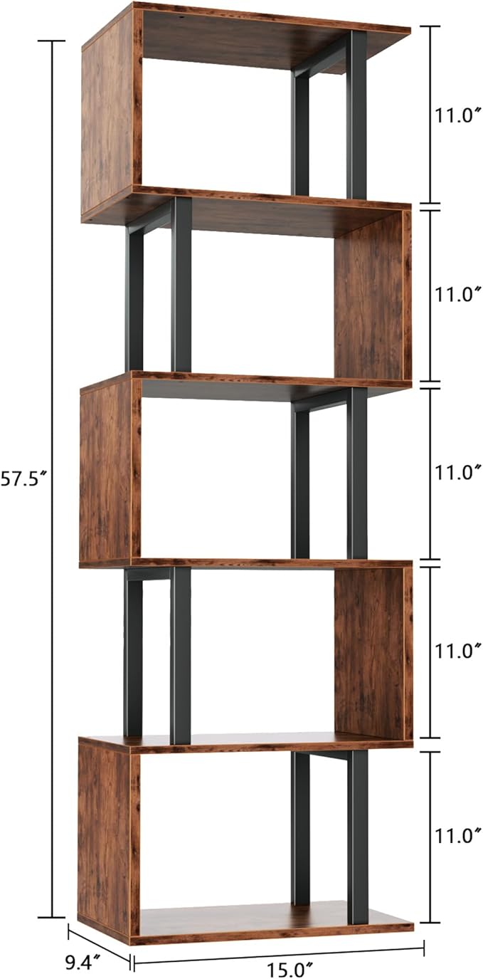 Furologee 6 Tier Bookshelf, Tall S Shaped Geometric Bookcase, Modern Display