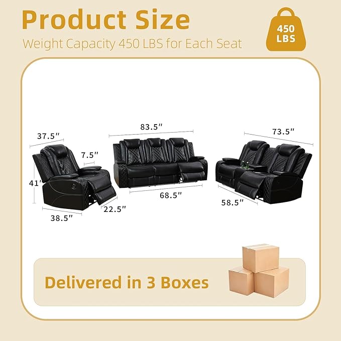 3-Piece Leather Power Recliner Sofa Set