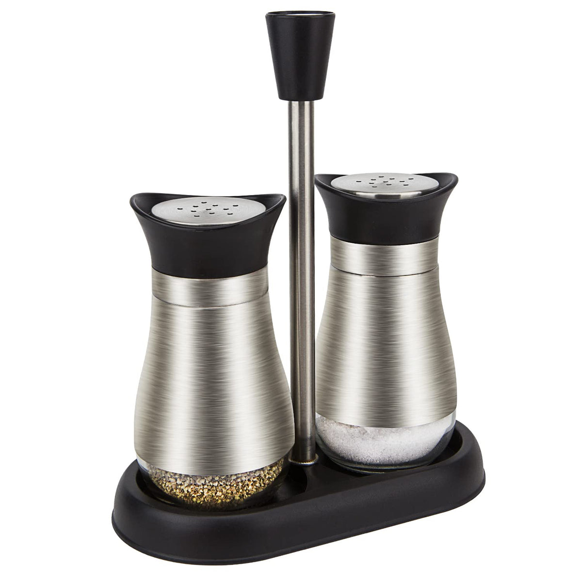 Evelyne 2-Piece Set Salt & Pepper Glass Shaker Stainless Steel Cover with Tray