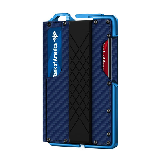 MURADIN Tactical Minimalist Wallet for Men, Slim RFID-Blocking Metal Card Holder, Front Pocket Men’s Leather Dapper Bifold Wallet with Money Clip (Carbon Fiber Blue)