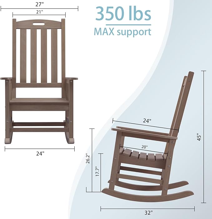 Psilvam Oversized Outdoor Rocking Chair Set of 2, Porch Rocker