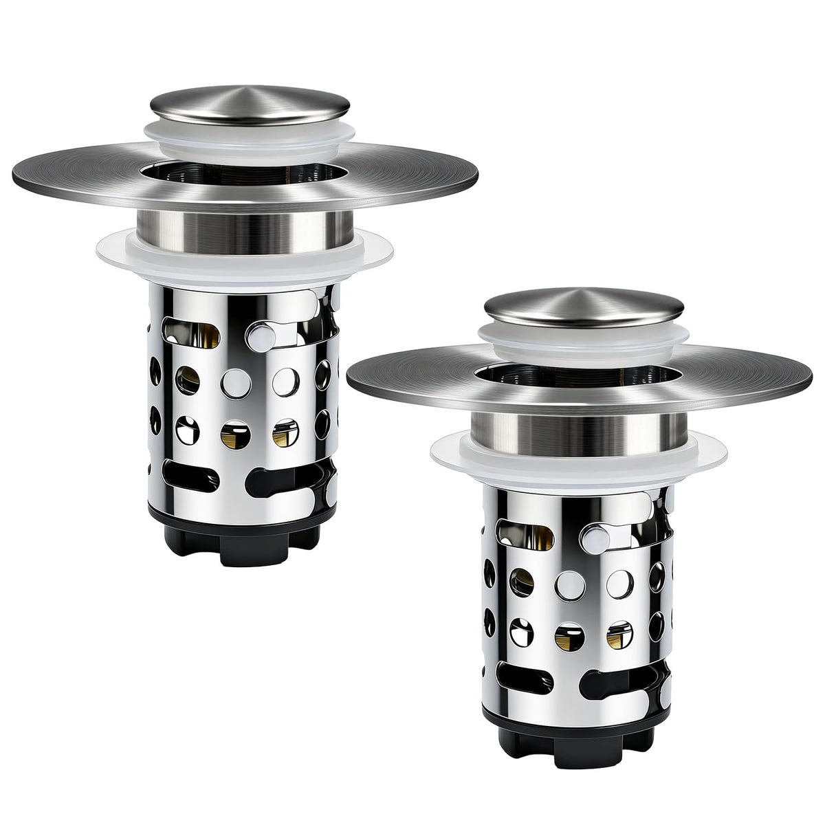 Upgraded 3 in 1 Bathroom Sink Drain Strainer, Universal Pop Up Stopper with Removable Stainless Steel Filter Basket Hair Catcher, Sink Plug for 1.1''~2.36'' Basin, Brushed Nickel Finish(2PC)