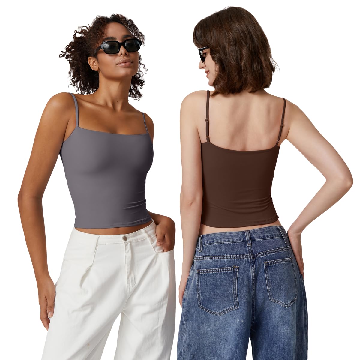 QINSEN Women's Spaghetti Strap Tank Tops Adjustable Cute Camisole Going Out Crop Tops Summer Clothes Dark Grey L