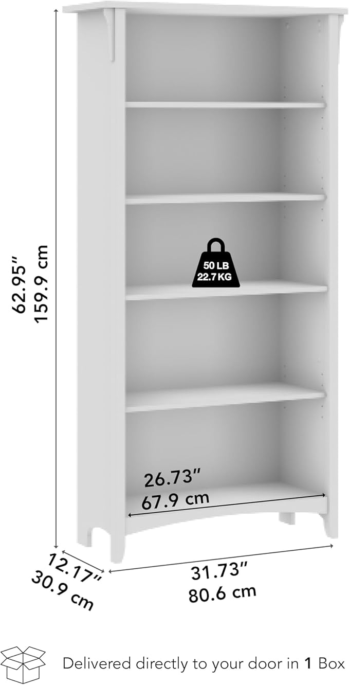 Bush Home Salinas 5 Shelf Bookcase in Ash Brown, Tall Bookshelf, Large Book