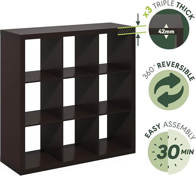 Furinno Cubicle Book Shelf, 9-Cube Bookshelf, Triple Thick Frame Cube Storage