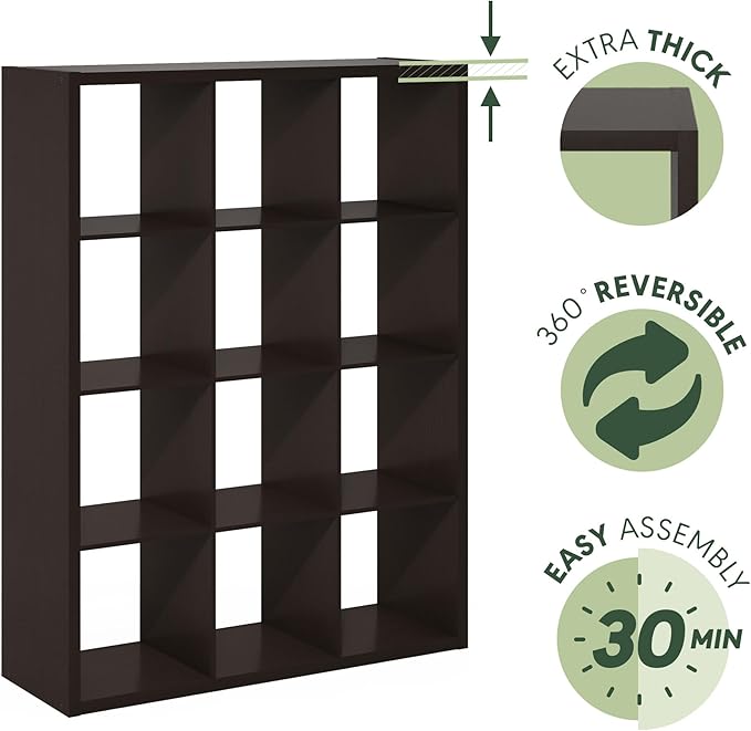Furinno Cubicle Book Shelf, 12-Cube Bookshelf, Extra Thick Frame Reversible
