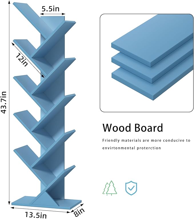SHEEPAM 10 Tier Tree Book Shelf, Floor Standing Wood Bookshelf