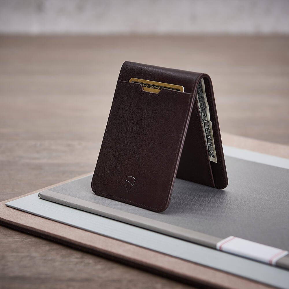 Vaultskin MANHATTAN Slim RFID Blocking Bifold Leather Wallet for Men - Minimalist Front Pocket Card Holder, Holds 9 Cards & Cash, Premium Italian Leather (Brown)