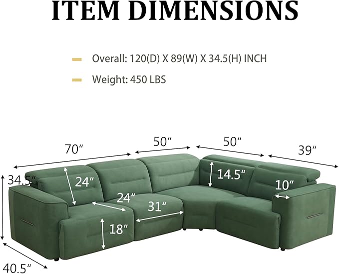 Power Recliner Sectional Sofa, L-Shaped Living Room Furniture Set, Reclining