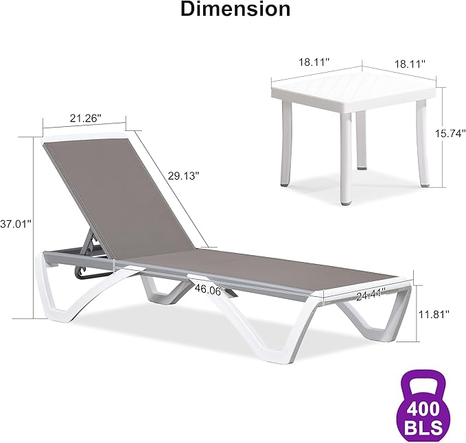 PURPLE LEAF Patio Chaise Lounge Chair Set of 3 Outside Aluminum Plastic