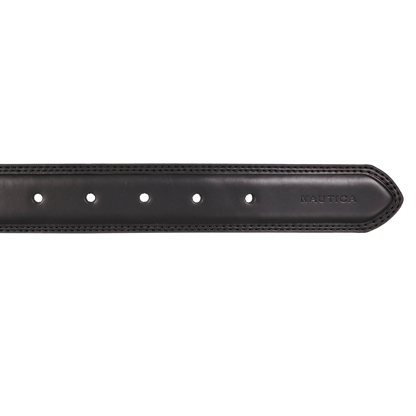 Nautica Men Bold Fashion and Dress Leather Belt with Metal Buckle, Logo Inlay Double Stitch-Black, 36"