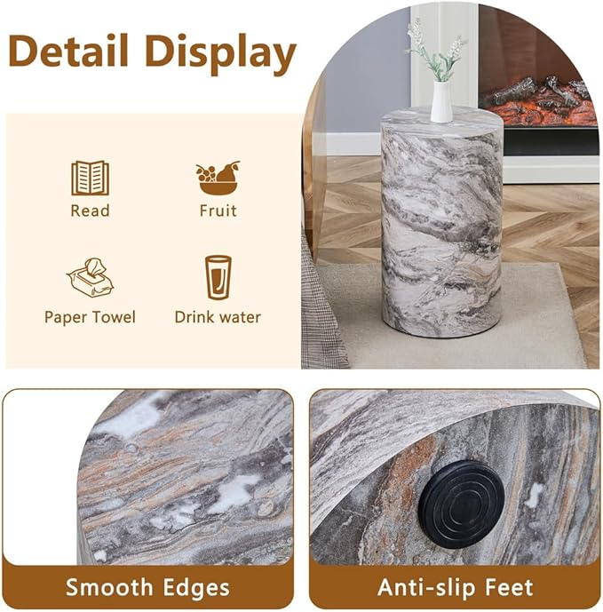 Round End Table Living Room Table, Faux Marble Sofa Couch Side Table, Bedside