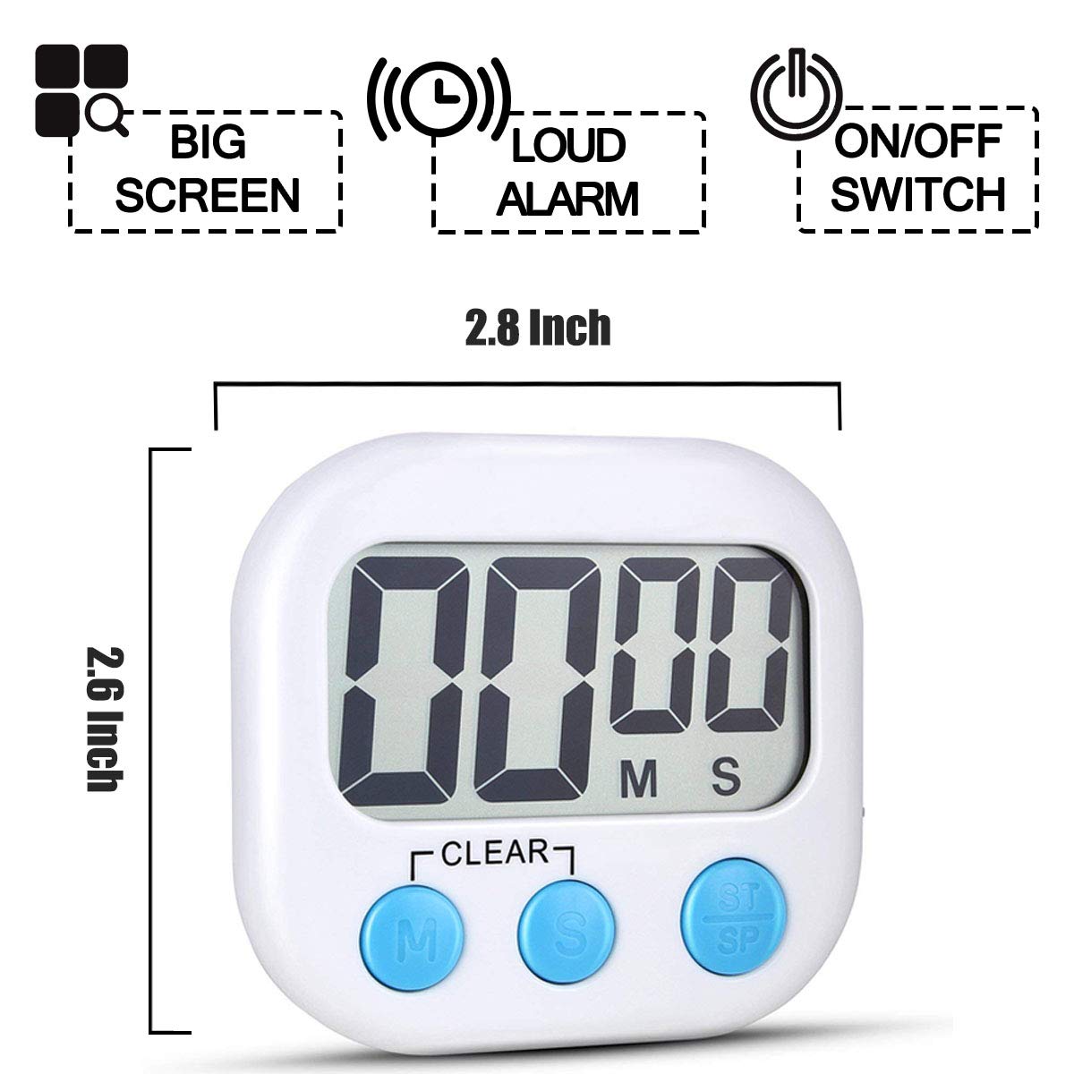 2 Pack Digital Kitchen Timer for Cooking Big Digits Loud Alarm Magnetic Backing Stand Cooking Timers for Baking White