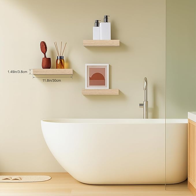 Floating Shelves, Oak Wooden Set of 3 Wall Mounted Bathroom Shelves Over Toilet